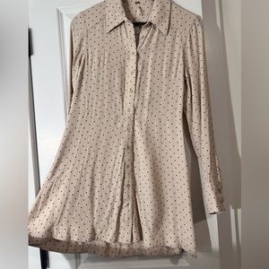Free People Long Sleeve Tan Dress - Pearl Button Down Polka Dot - size Small